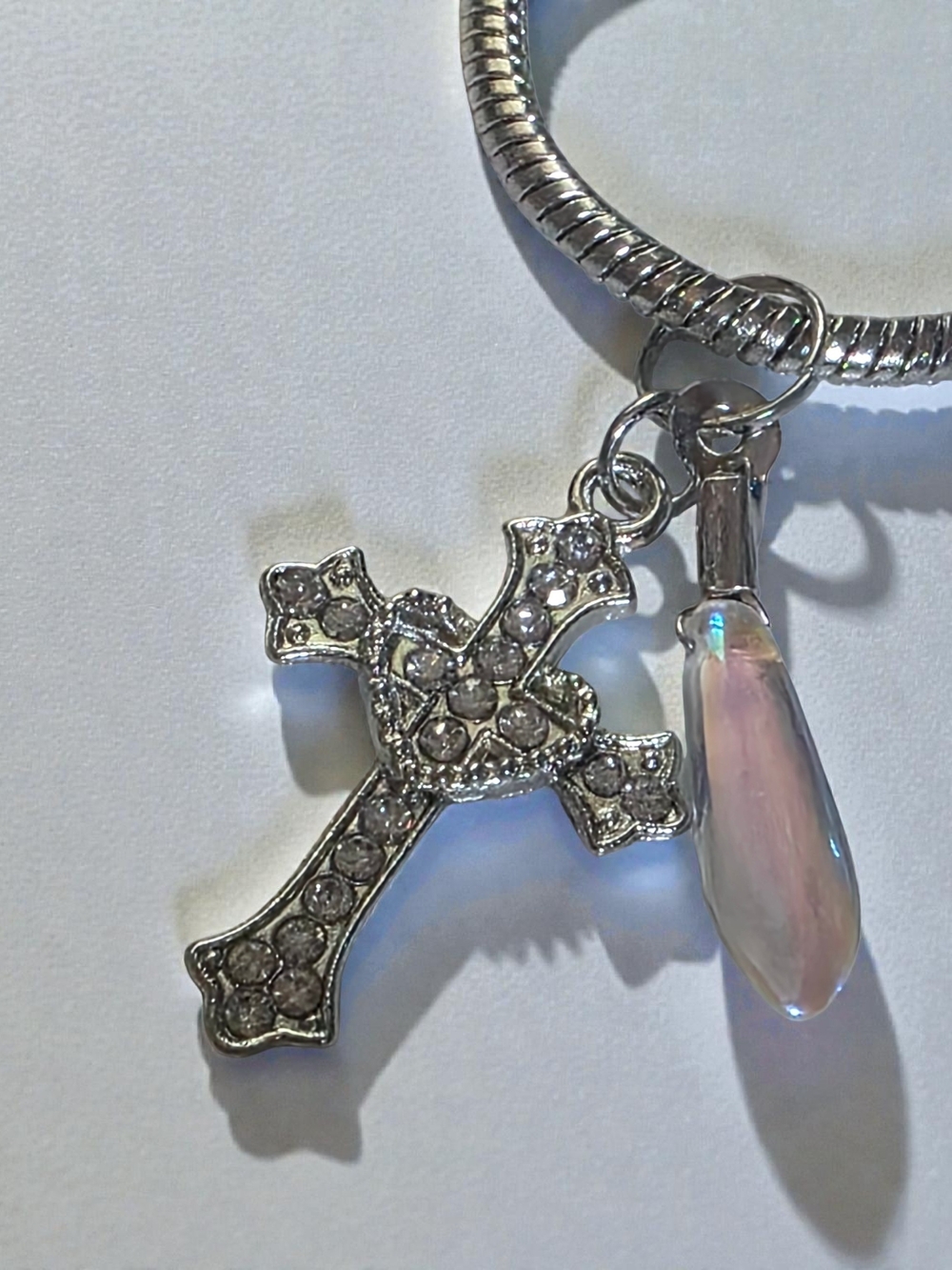 Silver Rhinestone Cross & Opaline Teardrop Snake Chain Bracelet